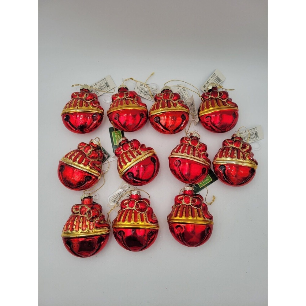 Set Of 11 Blown Glass Ornaments Red And Gold Bell Shaped Christmas Ornaments